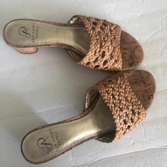 ADRIANNA PAPELL Cork Leather Low Heel Mule Slide Sandals Natural Sz.8.5 - Picture 2 of 12